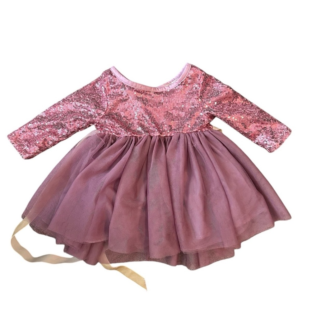 Purple Pink Sequin Long Sleeve Baby Girl Formal Dress